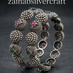 Handcrafted Oxidized Silver Kada Bangle with Ruby & Emerald Accents
