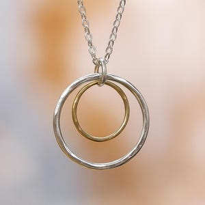 Beautiful Sterling Silver & Gold Double Circle Hammered Pendant Necklace | 925 Silver Mixed Metal Jewelry Gift for Women