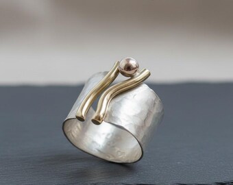 Hammered Sterling Silver & Gold Wide Band Ring | Unique Handmade Artistic Ring | Modern Unisex Statement Jewelry