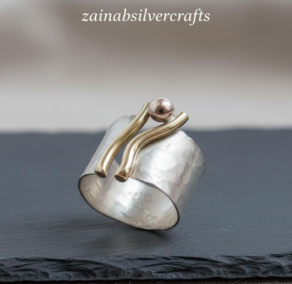 Hammered Sterling Silver & Gold Wide Band Ring | Unique Handmade ...
