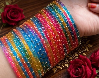 Pack of 24 Multicolor Glass Bangles – Minimalist Cubic Zirconia Accents