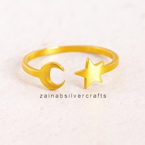 Vergoldeter Mond & Stern Ring | 925 Massiv Sterling Silber Unisex Schmuck | Himmlischen verstellbaren Ring Geschenk für Sie oder Ihn