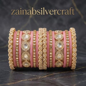 Zestaw bransolet TKundan Bangle Chura, pasteloworóżowa ślubna chooda, pozłacana kada, indyjska ślubna chura, pakistańska biżuteria