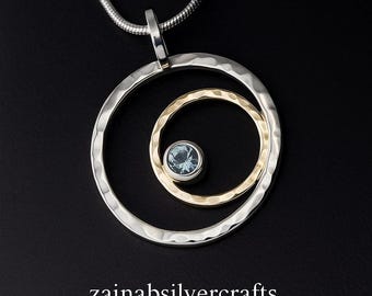 Montana Sapphire Necklace, Gold & Sterling Silver Circles Necklace, Handmade Artisan Jewelry, Hammered Brass Wedding Necklace