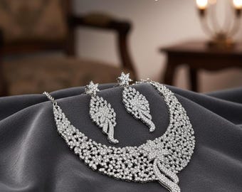 Elegant Silver Plated Jewellery Set | White Austrian Diamond Necklace Earrings Maangtika | Women’s Wedding & Party Wear Jewelry