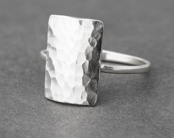Stylish 925 Solid Sterling Silver Square Hammered Ring | Handmade Unisex Jewelry
