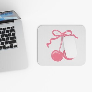 Cute Cherry Bow Mouse Pad, Desk Decor, Gift for Her, Office Accessories, Gamer Mousepad, Cherry Blossom Design