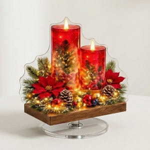Rotating Acrylic Christmas Candle Decor, Festive Table Centerpiece, Double-Sided Print