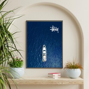 May include: A framed print featuring a top-down view of a white yacht sailing on deep blue water. The Stussy logo is in the upper right corner. The print is displayed on a wooden shelf with plants and books.
