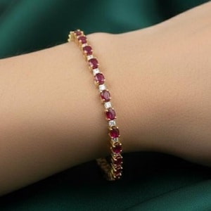 Braccialetti da tennis ovali minimalisti con rubini e diamanti in argento placcato oro 14 carati, fatti a mano