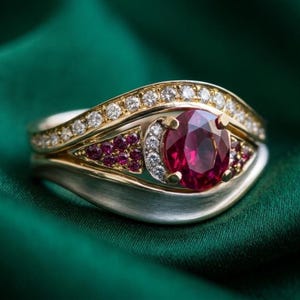 May include: A three-piece ring set featuring a large oval ruby center stone. The ring is set in gold and silver with smaller ruby and diamond accents. The band has a wave design and is set against a green background.