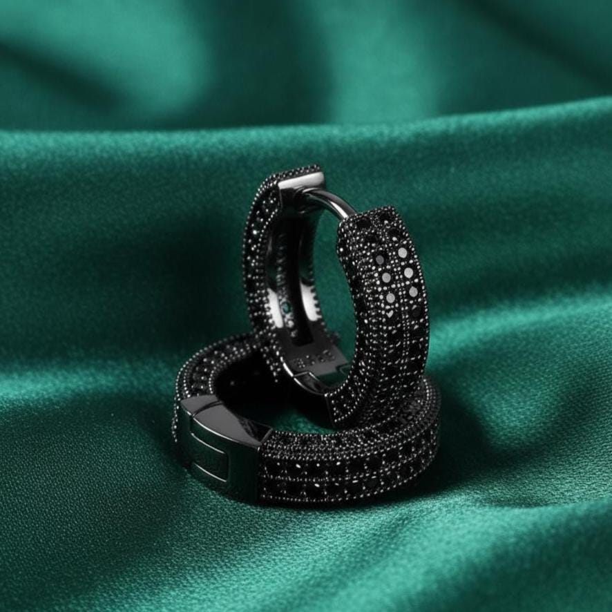 メンズ ブラックオニキス フープピアス 14Kゴールドメッキ