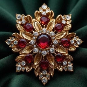 Luxury Ruby Red Brooch Pin, 14K Yellow Gold Plated Handmade Jewelry Gift