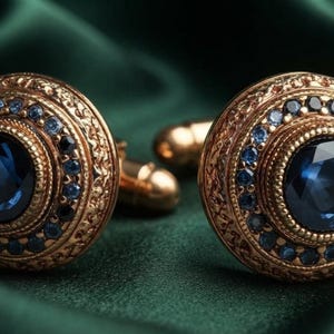 Vintage Blue Sapphire Statement Cufflinks, 14K Yellow Gold Plated Luxury Men’s Jewelry Gift
