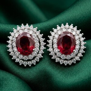 Pendientes llamativos ovalados de rubí y diamantes con halo, chapados en oro blanco de 14 quilates, regalo de cumpleaños.