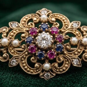 Vintage Pink Ruby & Blue Sapphire Pearl Brooch Pin, 14K Yellow Gold Plated Heirloom Jewelry