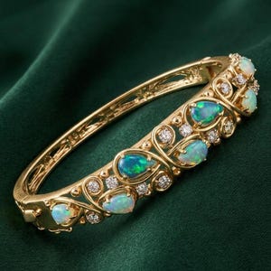 May include: A gold bangle bracelet with opal and diamond accents. The bracelet features several oval-shaped opals with a blue-green iridescence, interspersed with small diamonds and decorative gold filigree.