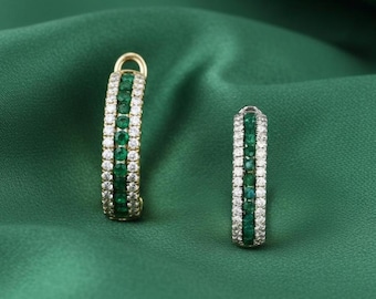 Orecchini a cerchio con diamanti incastonati in pavé di smeraldi verdi per donna, placcati in oro 14 carati