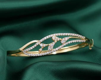 Minimalist Diamant / Moissanit Blatt Stil Armreif für Damen 14K Vergoldetes Silber Armband Geschenk