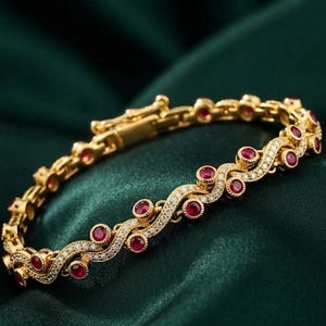 May include: A gold bracelet featuring a repeating wave-like design set with round red rubies and small white accent stones. The metal links are connected in a continuous pattern, and the piece includes a secure clasp mechanism for closure.