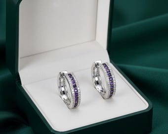 Pendientes de aro Huggie de amatista púrpura y diamantes para mujer, hechos a mano en oro blanco de 14 quilates.