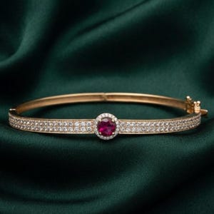Bracelet jonc pour femme avec rubis rose taille ronde, plaqué or jaune 14 carats, cadeau d'anniversaire