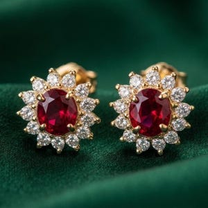 Boucles d'oreilles ovales en diamants rouges rubis pour femme, plaqué or jaune 14 carats, cadeau d'anniversaire pour elle