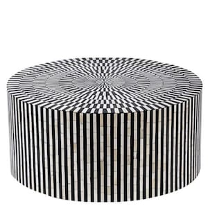 Round Black and White Bone Inlay Coffee Table – Optical Illusion Center Table – Handmade Contemporary Striped Drum Table for Living Room