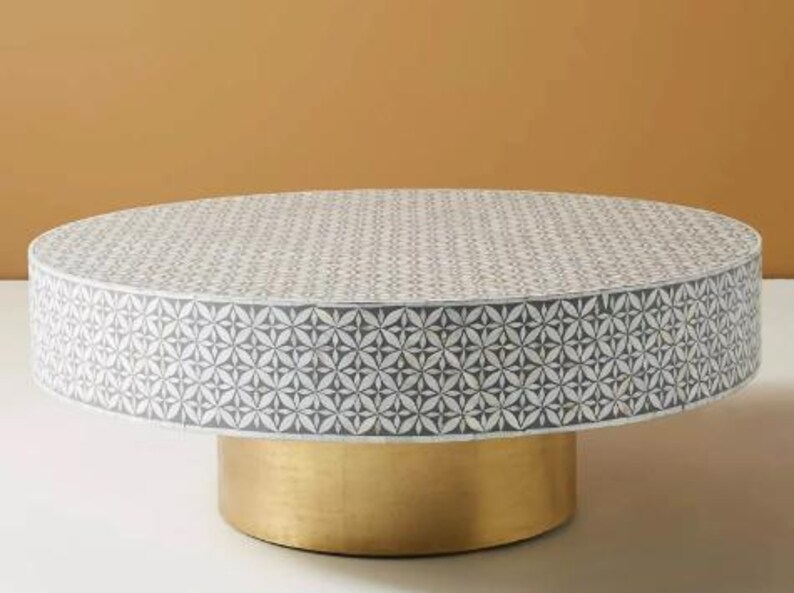Round Bone Inlay Coffee Table With Floral Pattern & Brass Base ...