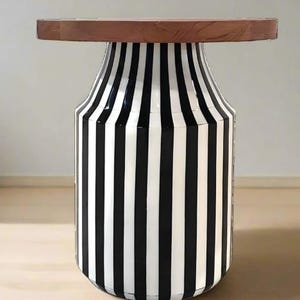 Black and White Striped Bone inlay Side Table with Wooden Top – Modern Handmade Accent Table – Round Contemporary End Table for Living Room
