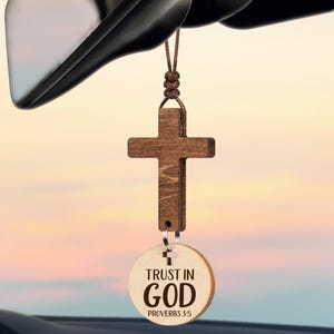 Wooden Cross Car Hanging Ornament – Christian “Trust in God” Bible Verse Proverbs 3:5 – Faith Gift for Car, Home & Spiritual Inspiration