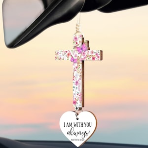Floral Cross Car Charm: Christian Rearview Mirror Ornament with Bible Verse