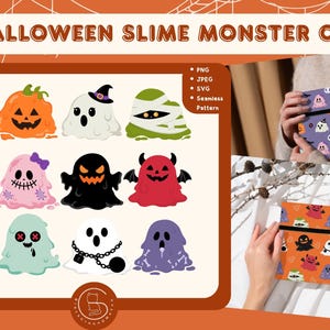 Halloween Slime Monster Clipart, Hand-Drawn PNG SVG & Seamless Patterns