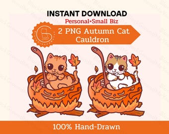May include: Two digital illustrations of cats in jack-o'-lantern cauldrons. The cats are orange and white, with big eyes. The cauldrons are orange with carved faces. The image includes text that says "INSTANT DOWNLOAD" and "2 PNG Autumn Cat Cauldron".