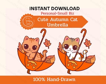 May include: Digital illustration featuring two cute cartoon cats inside orange umbrellas. The umbrellas have autumn leaf and acorn details. Text includes "Cute Autumn Cat Umbrella" and "100% Hand-Drawn".