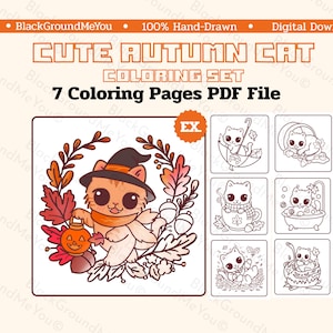 Cute Autumn Cat Coloring Pages PDF | Fall Cat Printable Coloring Book for Kids and Adults | 7 Hand-Drawn Cozy Autumn Designs