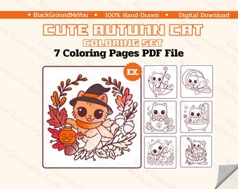 Páginas para colorir de gatos kawaii de outono: 7 designs de outono desenhados à mão (download em PDF)