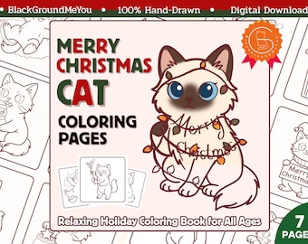 Dibujos de gatos navideños para colorear / Gatos navideños dibujados a mano / PDF imprimible para niños y adultos