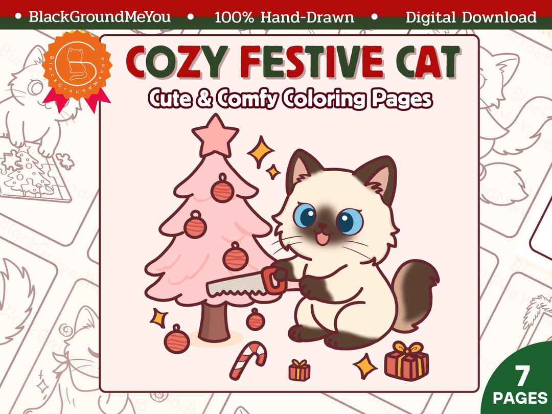 Cozy Festive Cat Coloring Pages | Merry Christmas Cat | Printable PDF ...