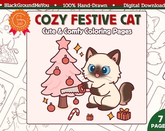 Dibujos para colorear de gatos navideños y acogedores / Gato navideño / Descarga de PDF imprimible