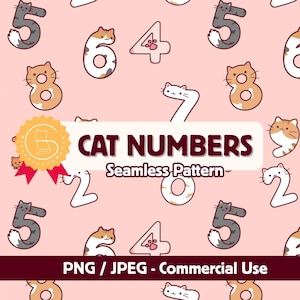 Könnte beinhalten: Nahtloses Muster mit Zahlen, die mit Katzenköpfen gestaltet sind, in Weiß, Grau und Orange, vor einem hellrosa Hintergrund. Der Text "CAT NUMBERS" wird mit "Seamless Pattern" darunter angezeigt. Für kommerzielle Nutzung.