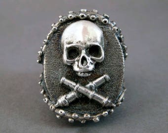 Skull Ring - Jolly Roger Silver Signet Ring - Pirate Ring