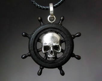 Skull and Rudder  - Silver and black wood rudder pendant- Pirate pendant