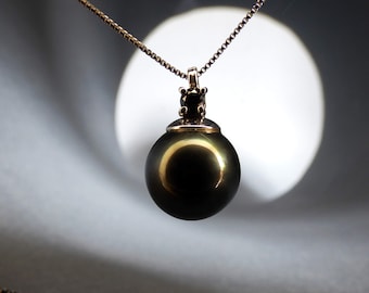 Black pearl and diamond pendant - Silver pendant with natural pearl and black diamond