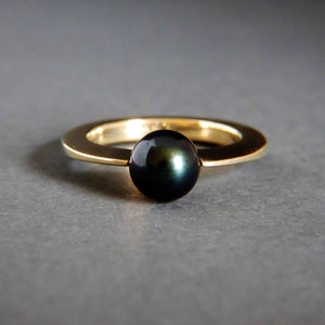 Black pearl gold ring engagement gold ring with natural pearl image 2