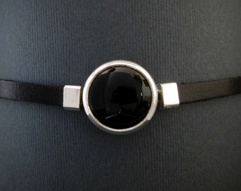 Onyx Choker Collar -  Leather and Silver modern collar with natural stone- Gothic jewellery