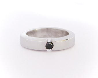 Black diamond tension setting ring - Engagement silver ring with natural diamond