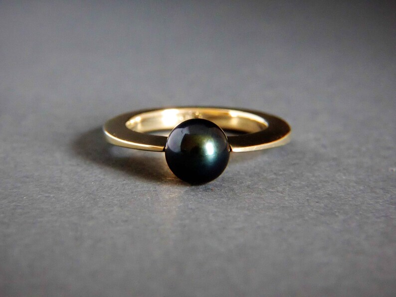 Black pearl gold ring engagement gold ring with natural pearl image 2