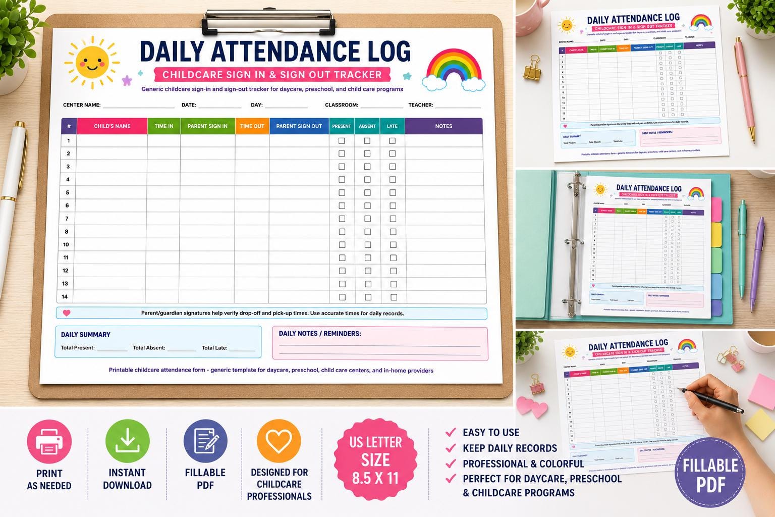 Childcare Daily Attendance Tracker | Fillable PDF - Etsy