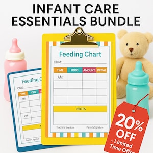 May include: An infant care essentials bundle featuring a yellow clipboard with a feeding chart, a pink baby bottle, a blue baby bottle, a teddy bear, and a red tag with a 20% off promotion. The text "INFANT CARE ESSENTIALS BUNDLE" is at the top.